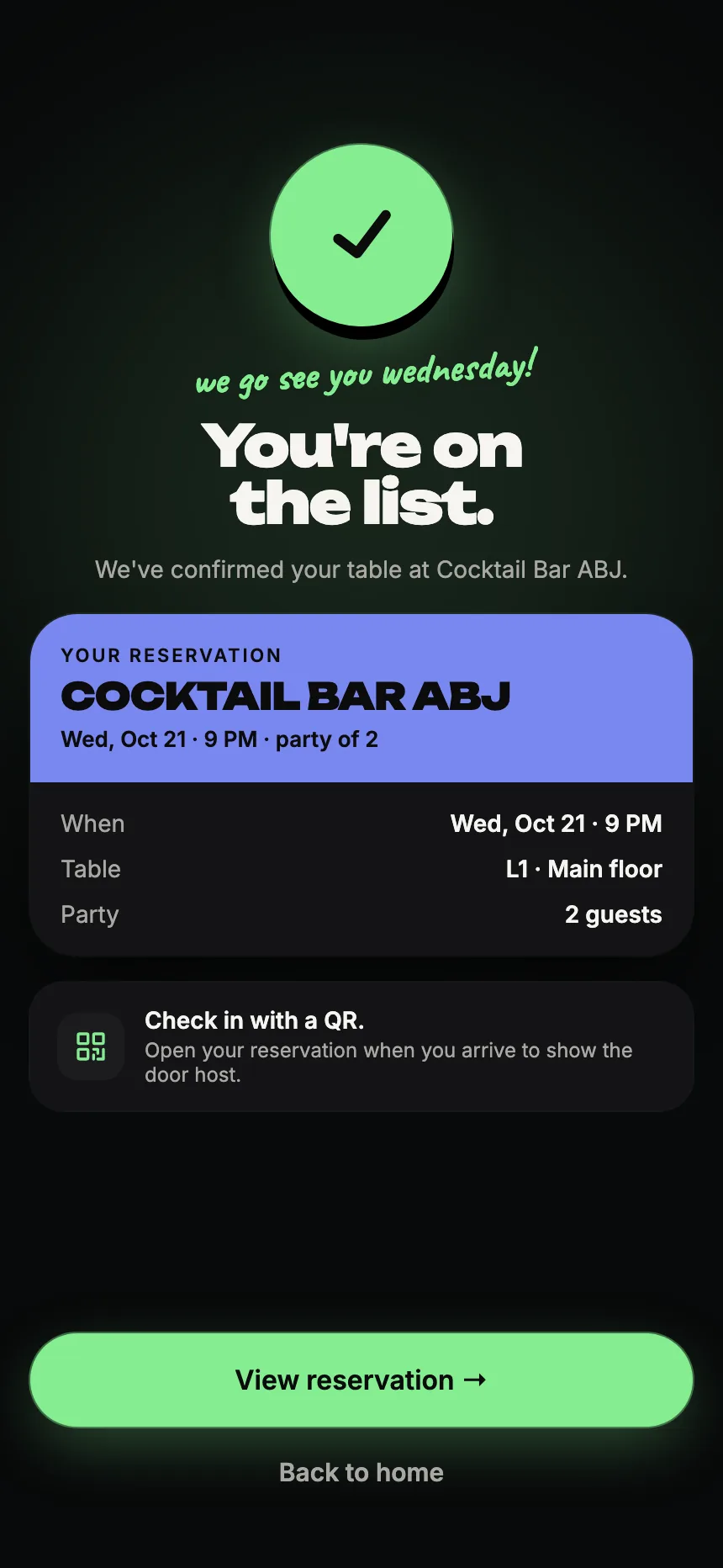 AfterHours member app showing a confirmed booking