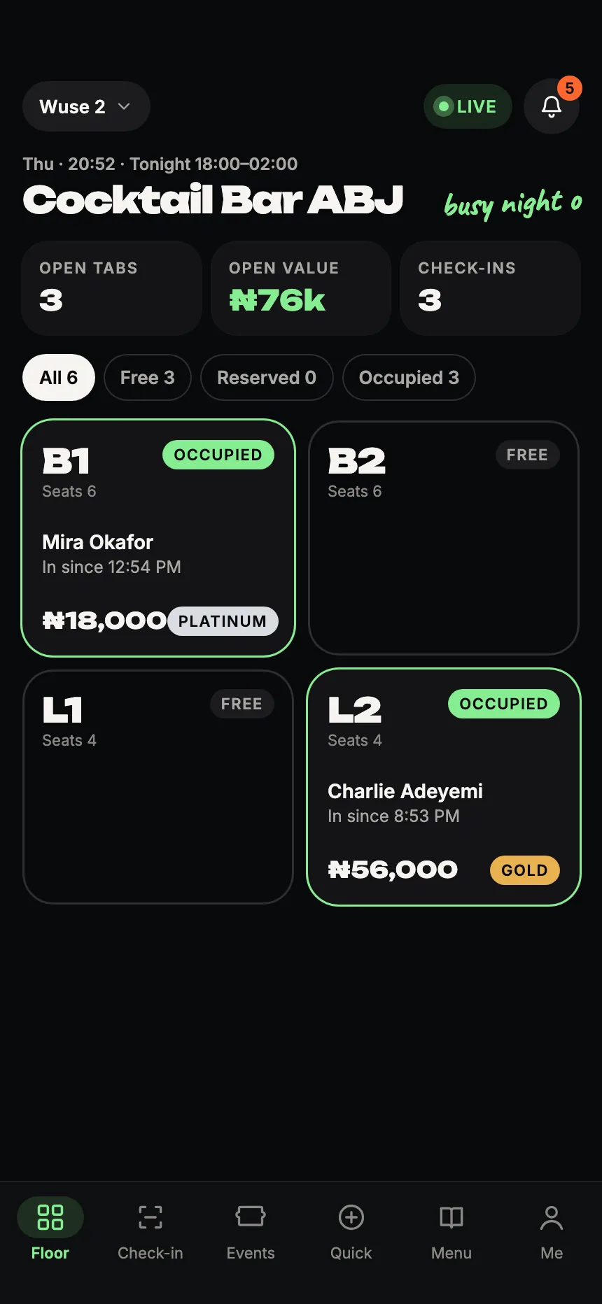 AfterHours staff app showing the live floor